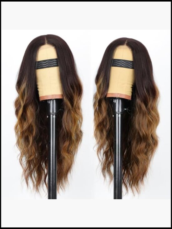 Long Wavy Synthetic Wig with Lace Hairline Middle Part Heat Resistant for